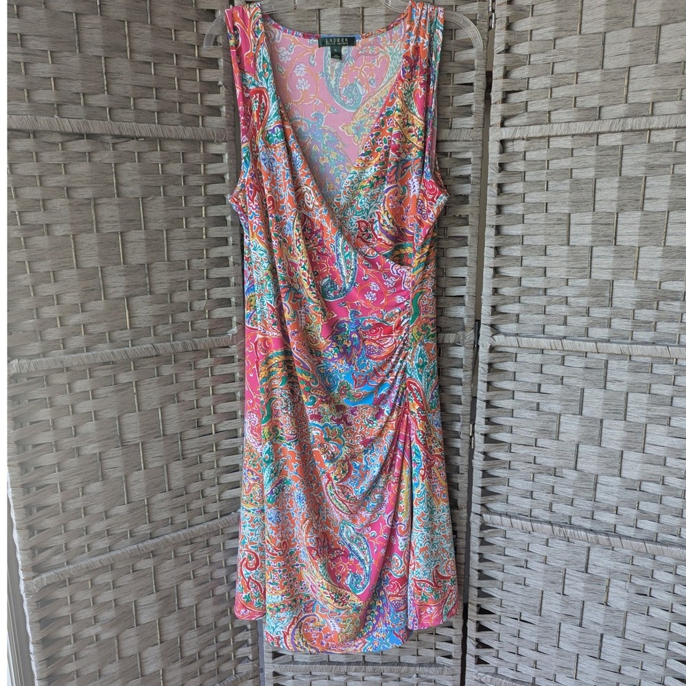 Lauren Ralph Lauren Dress Pink Teal Multicolor Paisley Ruched Sleeveless Sz XL